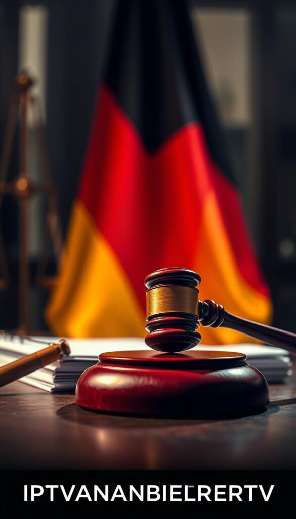 A high-contrast, photorealistic image of a legal gavel and a stack of legal documents, set against a backdrop of the German flag. The scene is illuminated by dramatic lighting, casting dramatic shadows and highlighting the serious, authoritative nature of the subject matter. The gavel and documents are prominently displayed in the foreground, with the German flag in the middle ground, and a blurred background of a courtroom or law office. The overall mood is one of gravity and importance, conveying the weight and significance of the legal landscape surrounding IPTV in Germany. Includes the brand name "IPTVANBIETERTV" in an unobtrusive location.