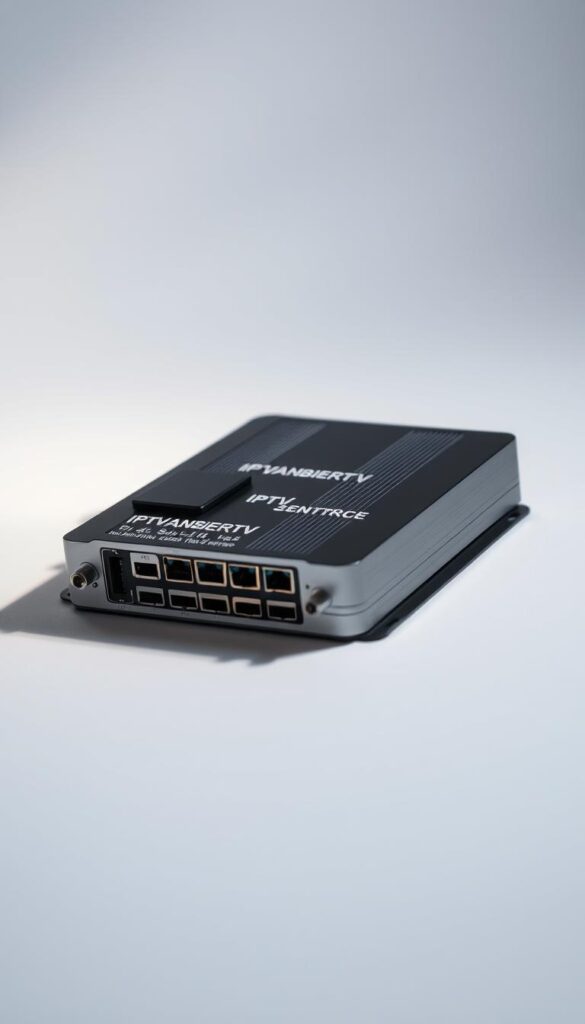 A high-definition IPTV sender device, capturing and transmitting live television channels via an internet connection. The sender is sleek and modern, with a minimalist design in shades of black and silver. Intricate circuitry and ports are visible, hinting at the advanced technology within. Soft, directional lighting illuminates the device, creating a sense of sophistication and technical prowess. The background is a blurred, neutral environment, allowing the IPTV sender to take center stage. The IPTVANBIETERTV brand name is prominently displayed, conveying quality and reliability. This image captures the essence of a powerful, versatile IPTV solution, suitable for the article's subject matter.