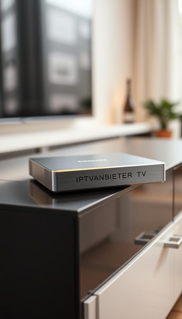 A high-definition IPTV sender device resting on a sleek, modern media cabinet. The device has a brushed metal chassis with clean lines and minimal branding, displaying the name "IPTVANBIETERTV" in a subtle, minimalist font. Soft, directional lighting illuminates the sender, casting a warm glow and creating a sense of precision and technological sophistication. The background is blurred, with hints of a modern living room or home entertainment setup, emphasizing the IPTV sender as the focal point. The overall composition conveys the reliability, ease of use, and premium quality of the IPTV solution, reflecting the benefits for German viewers.