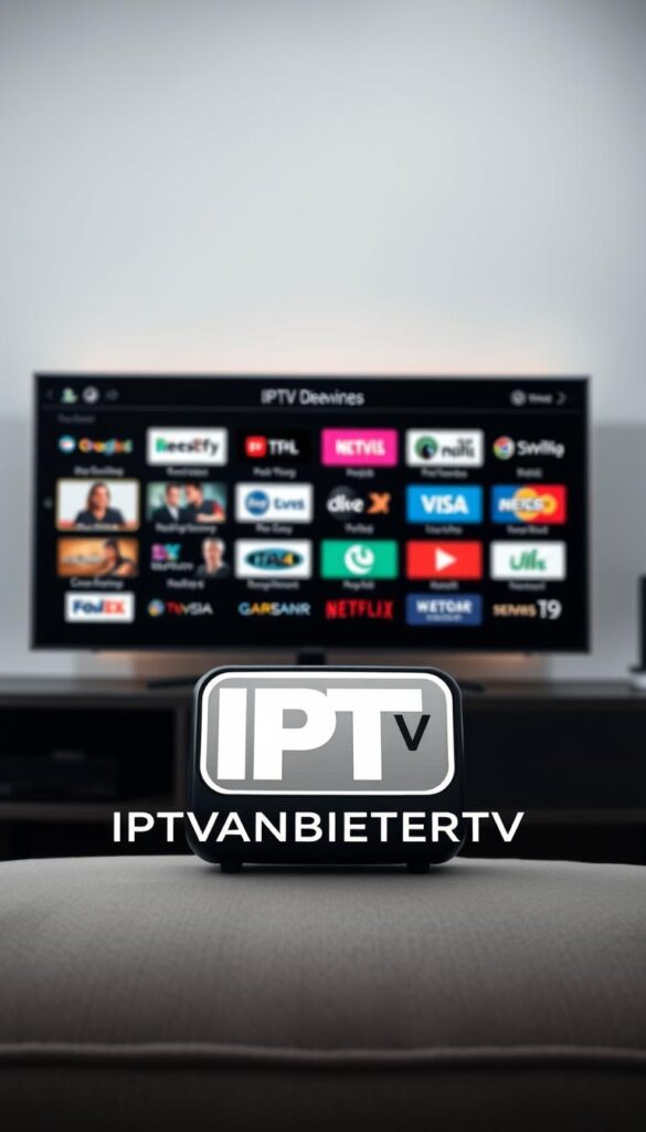 A high-definition IPTV streaming service showcasing the finest international channels for German audiences. Crisp, vibrant visuals capture the essence of a seamless, multifaceted viewing experience. Sleek, modern UI elements float gracefully against a backdrop of clean, minimalist design. Elegant typography highlights key features like multi-device support and affordable pricing starting at 9.99€. In the foreground, the IPTVANBIETERTV logo stands out with a bold, distinctive presence. Subtle lighting accentuates the premium quality, while strategic camera angles convey a sense of sophistication and technical proficiency.