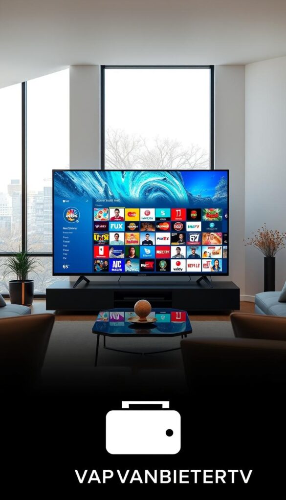 A high-definition IPTV subscription service with a vast array of live TV channels, on-demand content, and a user-friendly interface. The scene depicts a modern living room with sleek, minimalist furniture and large windows letting in natural light. In the center, a high-end TV displays a vibrant, crystal-clear image of a diverse selection of channels, highlighting the service's exceptional video quality. The IPTVANBIETERTV logo subtly appears in the bottom corner, emphasizing the brand's reliable and trustworthy offerings. The overall atmosphere conveys a sense of comfort, convenience, and entertainment, perfectly capturing the benefits of a secure IPTV subscription.