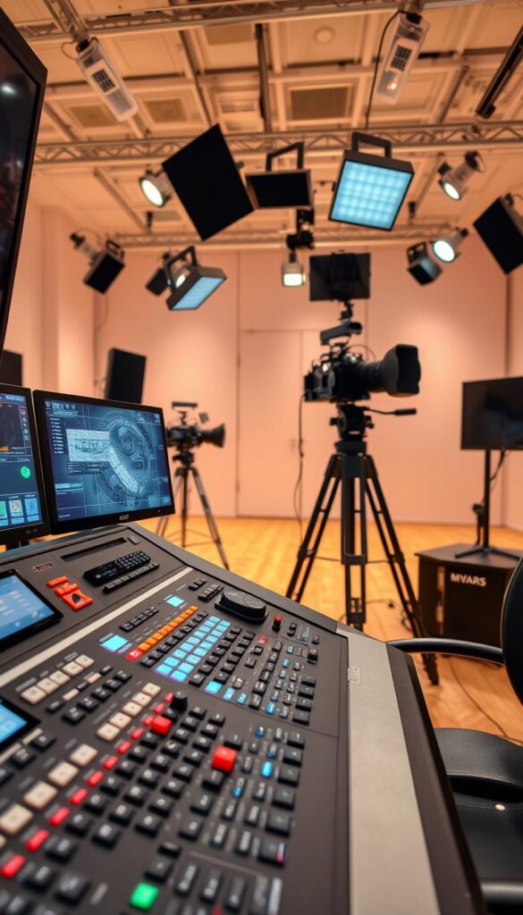 A high-definition IPTVANBIETERTV broadcasting studio with advanced equipment and cutting-edge technology. The foreground features a sleek and modern HD sender control panel with an array of buttons, sliders, and displays. The middle ground showcases a professional-grade camera rig, microphones, and lighting fixtures, all precisely positioned to capture the perfect shot. In the background, a clean and minimalist studio environment with soft, warm lighting creates a polished and cinematic atmosphere. The overall scene conveys a sense of technical proficiency, attention to detail, and the capability to deliver high-quality IPTV content.