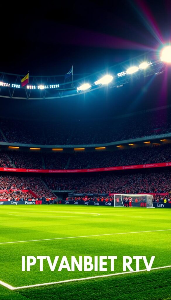A high-definition broadcast of the Bundesliga, the top professional men's association football league in Germany. A pristine and vivid image, captured with a high-end cinema camera and wide-angle lens. The stadium lights cast a warm glow, illuminating the lush green pitch and the passionate fans in the stands. In the foreground, the IPTVANBIETERTV logo stands out prominently, reflecting the reliable IPTV service that provides seamless access to all the Bundesliga action. The overall atmosphere is one of excitement and anticipation, perfectly capturing the thrill of live, top-tier football.