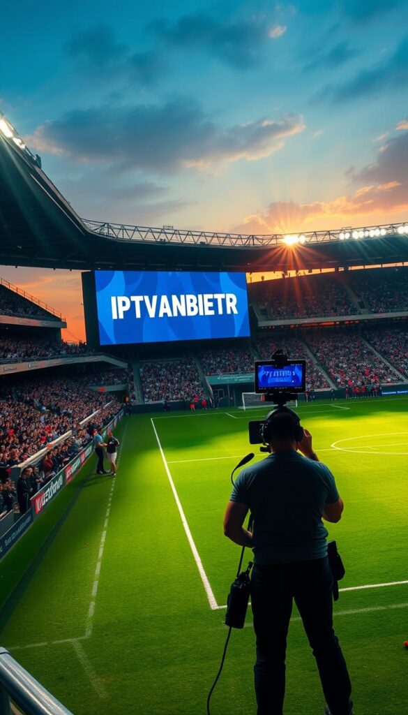 A high-definition, cinematic landscape showcasing the live Bundesliga football match, with IPTVANBIETERTV prominently displayed on a large stadium screen. The scene is bathed in a warm, golden glow from the sun setting over the horizon, casting long shadows across the pitch. Fans in the stands are engaged and cheering, their faces filled with excitement and anticipation. The camera angle is slightly elevated, capturing the dynamic energy of the game in progress. The pitch is meticulously maintained, the grass vibrant and lush. An array of professional camera equipment and broadcast crew members are visible, capturing every moment of the action for the viewers at home.