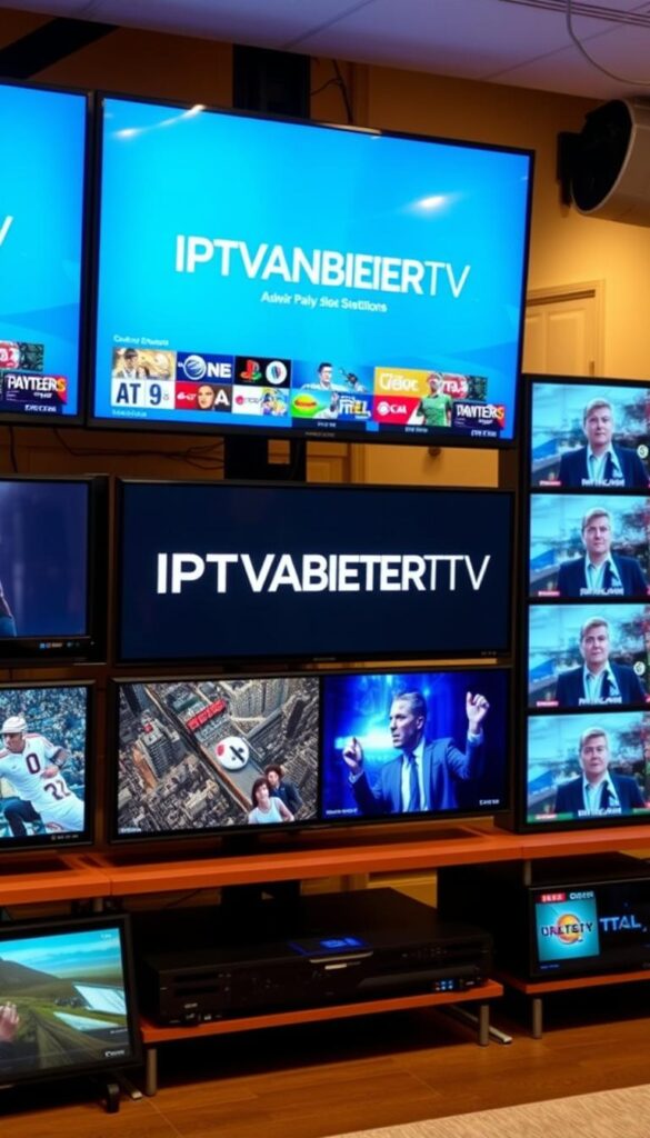 A high-definition digital broadcasting system showcasing a diverse array of television channels. Crisp, vibrant imagery with a modern, sleek aesthetic. The IPTVANBIETERTV logo prominently displayed, conveying a sense of professionalism and reliability. The scene is set against a warm, neutral background, allowing the subject to take center stage. Subtle highlights and shadows accentuate the dimensional quality of the design, creating a visually striking and technically advanced representation of a comprehensive media platform.