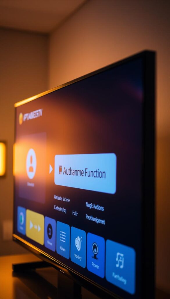 A high-definition digital display showcasing the user interface of an IPTVANBIETERTV service. The interface features a prominent "Aufnahme Funktion" (Recording Function) button, along with various playback controls and options for scheduling and managing recordings. The scene is bathed in a warm, soft lighting, creating a inviting and intuitive atmosphere. The background blurs slightly, keeping the focus on the sleek, modern display. The overall composition evokes a sense of technological sophistication and user-friendly experience.