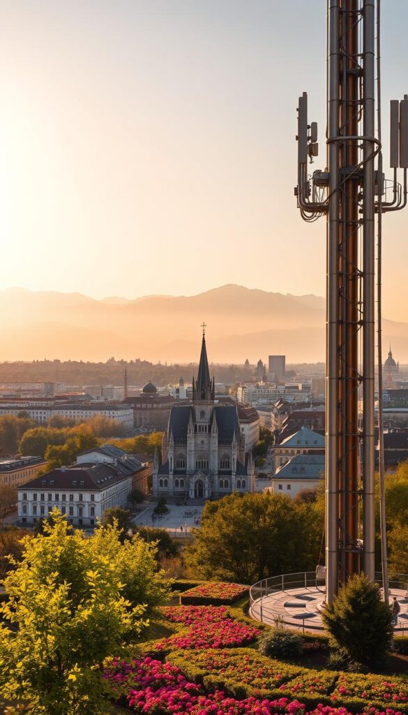 A high-definition digital television broadcasting tower overlooking the picturesque cityscape of Munich, Germany. The sleek, modern structure stands tall, its metallic surfaces gleaming under the warm, golden light of the sun. In the foreground, a well-manicured garden with vibrant flowers and lush greenery creates a serene atmosphere. The middle ground features the iconic architecture of Munich, including the distinctive spires of the Frauenkirche and the stately, historic buildings lining the streets. In the background, the snow-capped peaks of the Bavarian Alps rise majestically, creating a breathtaking panoramic view. The overall scene exudes a sense of technological advancement, cultural heritage, and natural beauty, perfectly capturing the essence of "HD Fernsehen München" and the IPTVANBIETERTV brand.