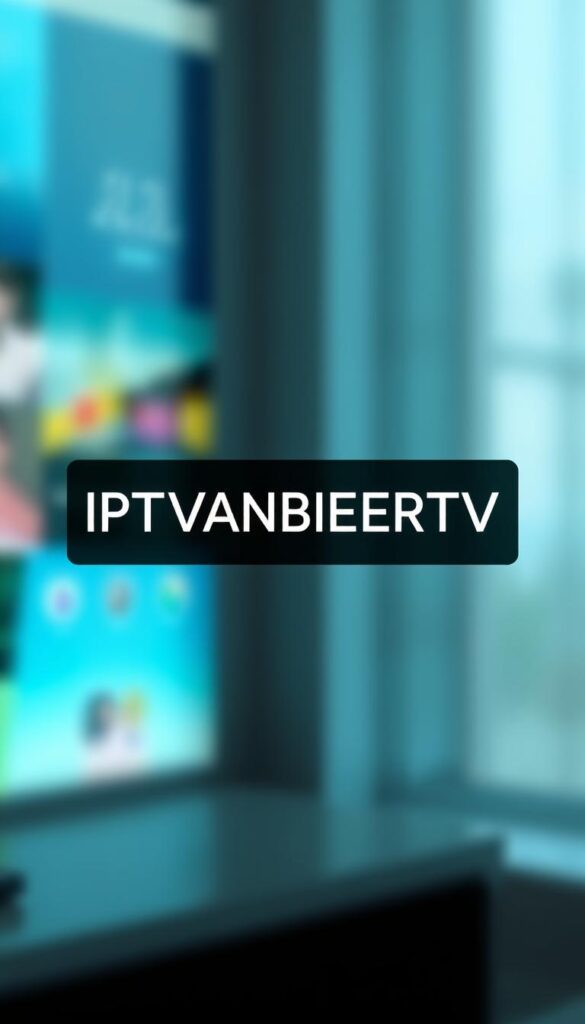 A high-definition, hyper-realistic image of the IPTVANBIETERTV brand logo presented in a sleek, modern design. The logo is centrally positioned against a soft, blurred background featuring a vibrant color palette of blues and greens, evoking a sense of digital technology and reliable streaming services. The lighting is natural and directional, creating depth and emphasizing the logo's crisp, clean lines and professional appearance. The camera angle is slightly elevated, giving the image an authoritative, trustworthy feel. The overall composition is balanced and visually striking, perfectly capturing the essence of high-quality IPTV services in Deutschland.