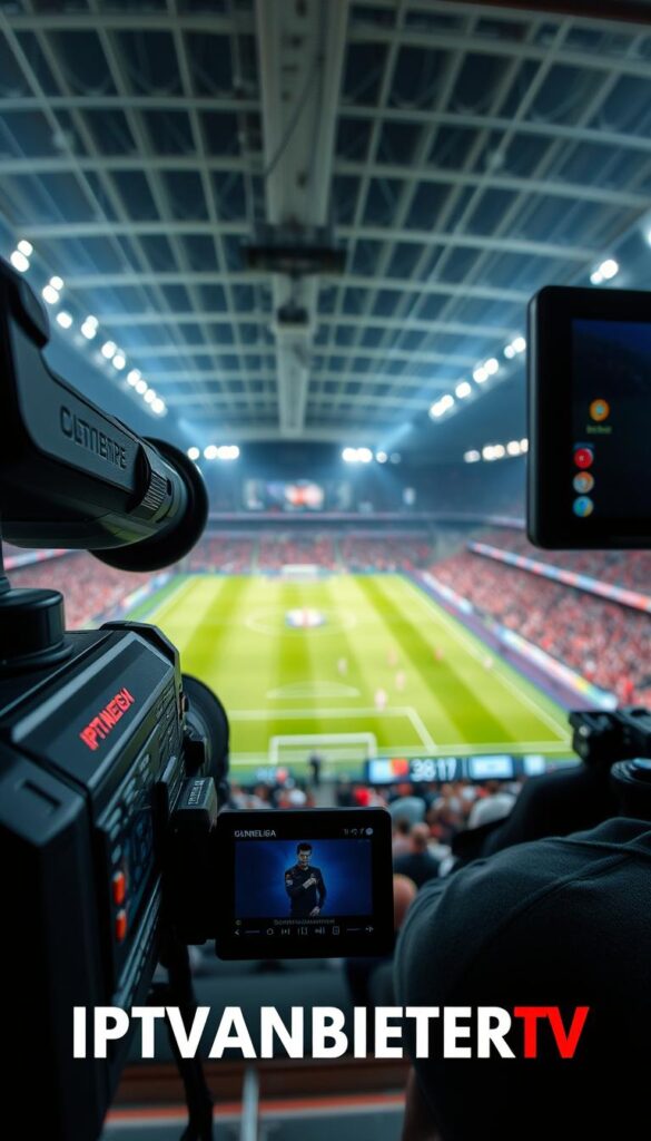 A high-definition live broadcast of the Bundesliga, Germany's premier professional football league, captured with a high-quality camera setup. The scene showcases a vibrant and immersive viewing experience, with a sharp, detailed image and a wide, panoramic aspect ratio that fills the screen. The lighting is balanced, creating a natural and realistic atmosphere, while the camera angle provides a sense of depth and perspective, placing the viewer in the middle of the action. In the foreground, the IPTVANBIETERTV brand logo is prominently displayed, indicating the service provider responsible for delivering this premium Bundesliga content.