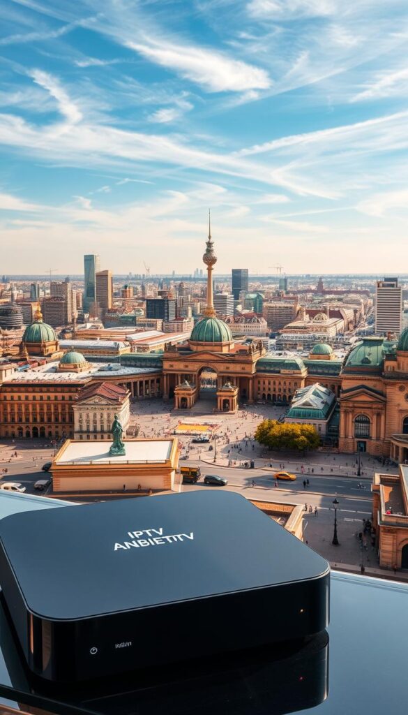 A high-definition, panoramic view of the city of Berlin, showcasing the iconic landmarks and architecture of the German capital. In the foreground, a sleek, modern IPTV device with the brand name "IPTVANBIETERTV" prominently displayed, reflecting the advanced streaming technology available to residents. The middle ground features a bustling cityscape, with skyscrapers, historic buildings, and bustling streets, all bathed in a warm, golden light. In the background, a clear, blue sky with wispy clouds, conveying a sense of clarity and high-quality video streaming. The overall atmosphere is one of urban sophistication and technological innovation, perfectly capturing the essence of "Streaming-Qualität und Internetanforderungen" in Berlin.
