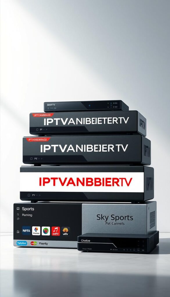 A high-definition, photorealistic image of a neatly stacked arrangement of IPTV packages with the "IPTVANBIETERTV" brand prominently displayed. The packages are presented against a clean, minimalist background, with subtle lighting from the side to accentuate the textures and materials. The packages are arranged in a visually appealing manner, showcasing the variety of content and services available, including the inclusion of Sky Sports channels. The overall composition and styling convey a sense of professionalism, reliability, and the comprehensive nature of the IPTV offering.