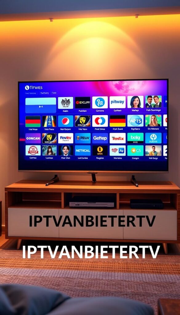 A high-definition, photorealistic image of a sleek, modern television displaying a vibrant array of IPTV channels. The screen showcases a diverse selection of popular German broadcasting networks, each with crisp, vivid imagery and a seamless user interface. The television sits atop a minimalist, wooden entertainment center, casting a warm, ambient glow throughout the room. Soft, diffused lighting illuminates the scene, creating a cozy and inviting atmosphere. In the foreground, the IPTVANBIETERTV brand name is prominently displayed, reflecting the premium quality and reliability of the IPTV service.