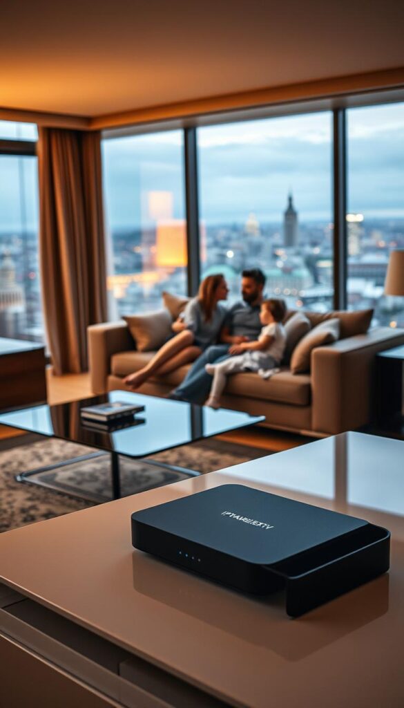 A high-definition, richly detailed image depicting a living room setting in an upscale German household abroad. In the foreground, a modern IPTVANBIETERTV streaming device sits prominently on a sleek entertainment console, its interface displaying a diverse array of German television channels. In the middle ground, a family of three - a mother, father, and young child - are gathered comfortably on a plush sofa, immersed in the familiar programming from their homeland. The background features large windows overlooking a picturesque city skyline, bathed in warm, golden lighting that sets a cozy, nostalgic mood. The overall scene conveys a sense of connection, comfort, and access to the cultural touchstones of Germany, even from a foreign location.
