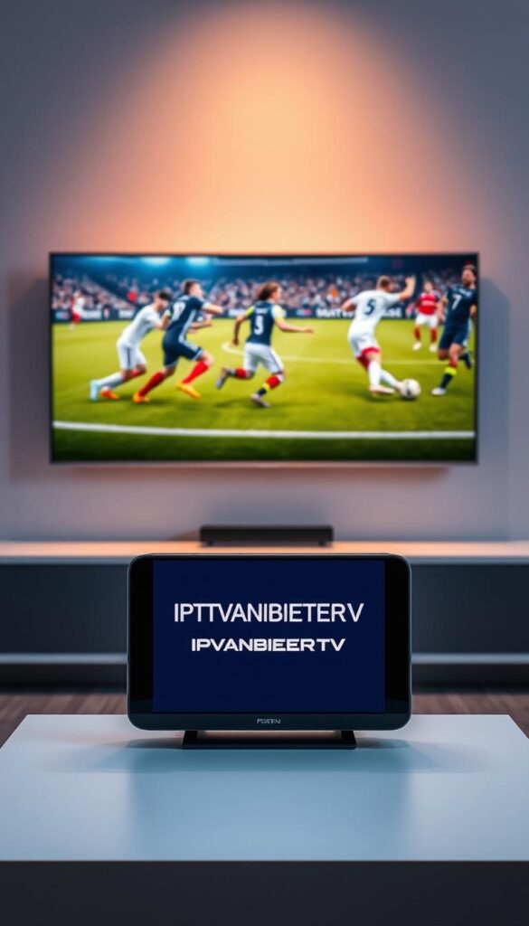A high-definition sports channel streaming service, IPTVANBIETERTV, showcasing a vibrant display of live sports events. In the foreground, a sleek and modern television set displays the channel's logo against a backdrop of dynamic sports imagery, capturing the energy and excitement of the games. The middle ground features a minimalist, well-lit setup, highlighting the reliability and quality of the streaming service. The background showcases a subtle, yet sophisticated color scheme, evoking a sense of professionalism and trustworthiness. The overall composition emphasizes the seamless integration of technology and sports, creating an immersive and engaging viewing experience for the audience.