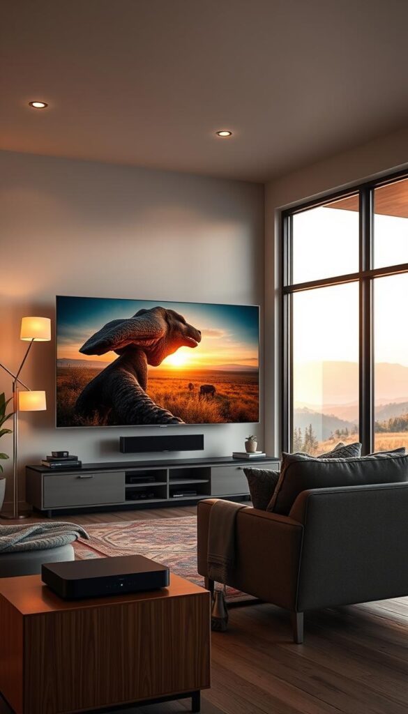 A high-definition streaming platform with crystal-clear visuals, vibrant colors, and seamless playback. The scene depicts a living room with a large IPTVANBIETERTV screen displaying a nature documentary. Soft, warm lighting from floor lamps creates a cozy ambiance, while large windows allow natural daylight to filter in. The foreground features a sleek, minimalist entertainment center housing the streaming device. In the middle ground, a comfortable couch and armchair invite viewers to sit back and enjoy the immersive viewing experience. The background showcases a serene outdoor landscape, hinting at the breathtaking visual quality of the content. An atmosphere of relaxation and technological sophistication permeates the space.