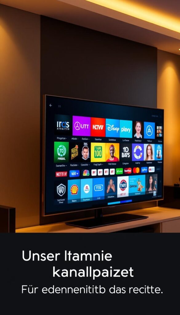 A high-definition television screen displaying a vibrant and diverse array of channels, showcasing the extensive selection offered by IPTVANBIETERTV. The screen is set against a sleek, modern living room environment, with warm lighting and a cozy atmosphere. The television is positioned prominently, capturing the viewer's attention and highlighting the exceptional quality and breadth of the channel package. The image conveys a sense of entertainment, comfort, and the ability to cater to a wide range of tastes and preferences, reflecting the section title "Unser umfangreiches Kanalpaket: Für jeden Geschmack das Richtige".