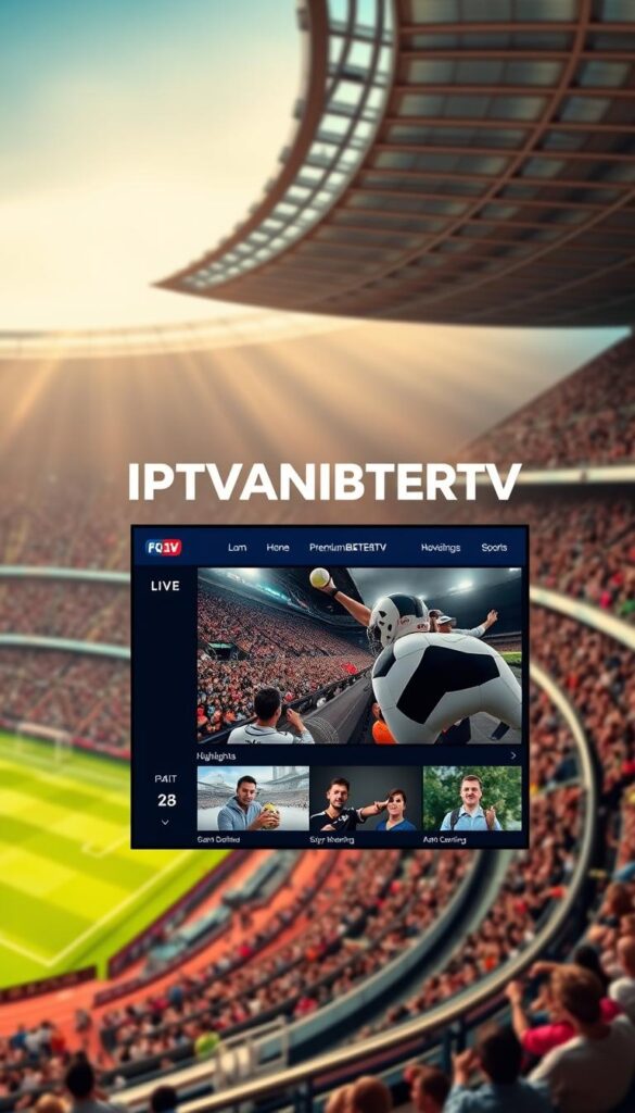 A high-definition, vibrant sports channel interface with the IPTVANBIETERTV brand prominently displayed. The UI features a sleek, modern design with a grid of live sports events and highlights. The color palette is dominated by shades of blue and white, creating a clean and professional aesthetic. The background showcases a dynamic sports stadium scene with fans in the stands and the field in the distance, bathed in warm, natural lighting. The overall composition conveys a sense of excitement and immersion in the world of premium sports entertainment.