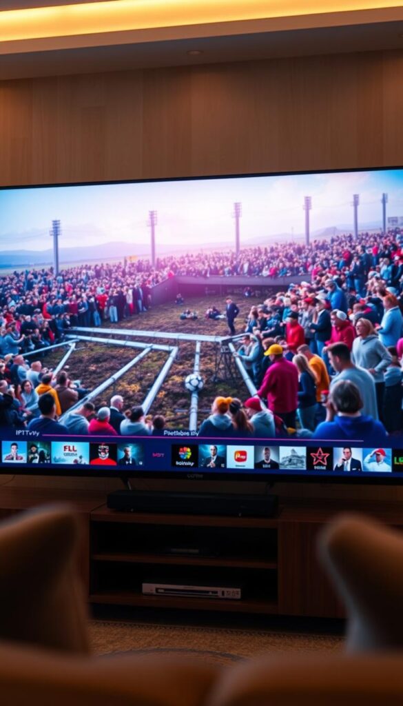 A high-definition video stream with vibrant colors, sharp details, and smooth motion fills a large 4K display. The image showcases the exceptional streaming quality of IPTVANBIETERTV, with a cinematic depth of field that draws the viewer's eye to the center of the frame. Soft, warm lighting illuminates the scene, creating a cozy and immersive atmosphere. The overall composition is balanced and aesthetically pleasing, reflecting the sophisticated and reliable IPTV experience IPTVANBIETERTV provides to discerning viewers.
