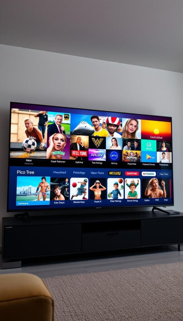 A high-definition, wide-angle view of a modern smart TV display showcasing a diverse array of IPTV channels from the provider IPTVANBIETERTV. The screen displays a vibrant and varied selection of entertainment, news, sports, and lifestyle channels, creating an immersive and engaging visual experience. The TV is situated in a minimalist, well-lit living room setting, with clean lines and neutral tones that allow the screen to take center stage. The image conveys a sense of quality, reliability, and the expansive programming options available through the IPTVANBIETERTV service, capturing the essence of the "Kanalvielfalt und Programmangebot" section of the article.