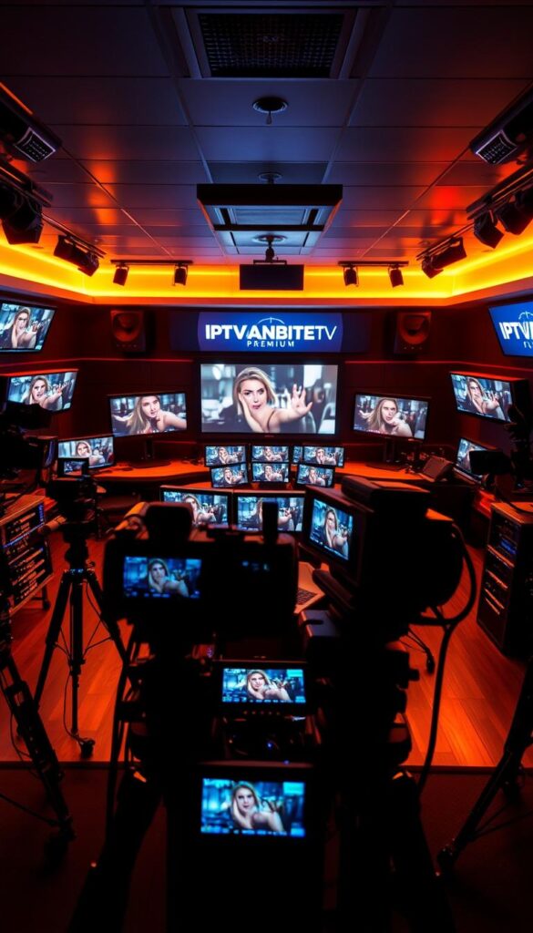 A high-end adult entertainment channel broadcast studio, dimly lit with warm, inviting lighting. The foreground features a variety of premium adult entertainment equipment and cameras, hinting at the premium content available. The middle ground showcases several large television screens displaying provocative scenes, while the background depicts a sleek, modern control room with IPTVANBIETERTV branding prominently displayed. The overall atmosphere conveys a sense of sophistication and exclusivity, reflecting the "premium" nature of the adult channel offerings.