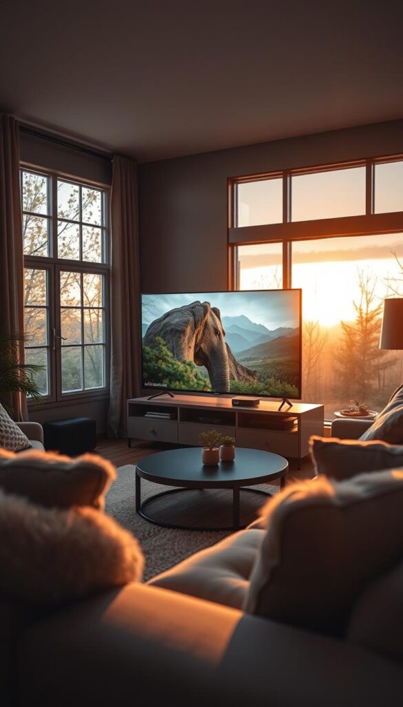 A high-quality 4K HDR video stream of a cozy living room, with a modern flat-screen IPTVANBIETERTV displaying a nature documentary. Soft, warm lighting filters through large windows, illuminating plush furniture and hardwood floors. The focus is on the screen, showcasing the vivid colors and crisp details of the nature footage. The camera angle is slightly elevated, giving a sense of immersion and a cinematic perspective. The atmosphere is one of comfort, relaxation, and an appreciation for the quality of the streaming experience.