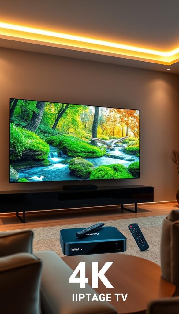 A high-quality, 4K IPTV setup showcasing vivid, lifelike visuals on a large, immersive display. The scene depicts a sleek, modern living room with minimal, contemporary furnishings and warm, indirect lighting. In the foreground, the TV screen displays a vibrant, high-resolution nature scene with lush greenery, flowing water, and birds in flight. The middle ground features the IPTVANBIETERTV set-top box and remote control, subtly indicating the source of the 4K content. The background is softly blurred, creating a sense of depth and focus on the central display. The overall mood is one of clarity, comfort, and a premium, cinematic viewing experience.