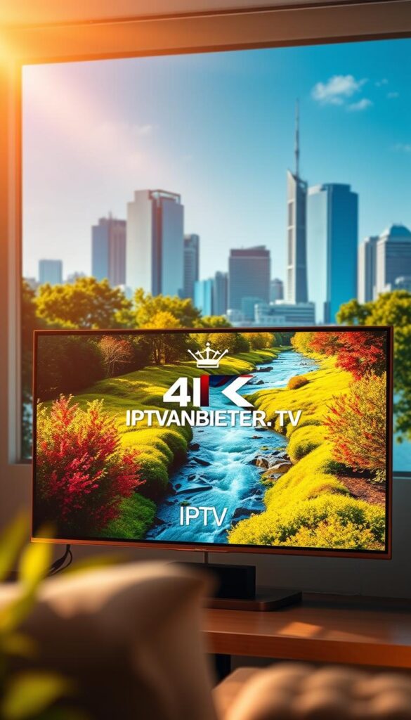 A high-quality 4K IPTV streaming experience showcasing vibrant colors, sharp details, and smooth playback. In the foreground, a sleek, modern TV displaying a vivid nature scene with lush greenery and a flowing river. The middle ground features the IPTVANBIETERTV brand logo, prominently displayed in a clean, minimalist style. The background depicts a cityscape with towering skyscrapers, suggesting the power and reliability of the IPTV service. Warm, natural lighting casts a welcoming glow, and the overall composition conveys a sense of technological sophistication and visual fidelity.