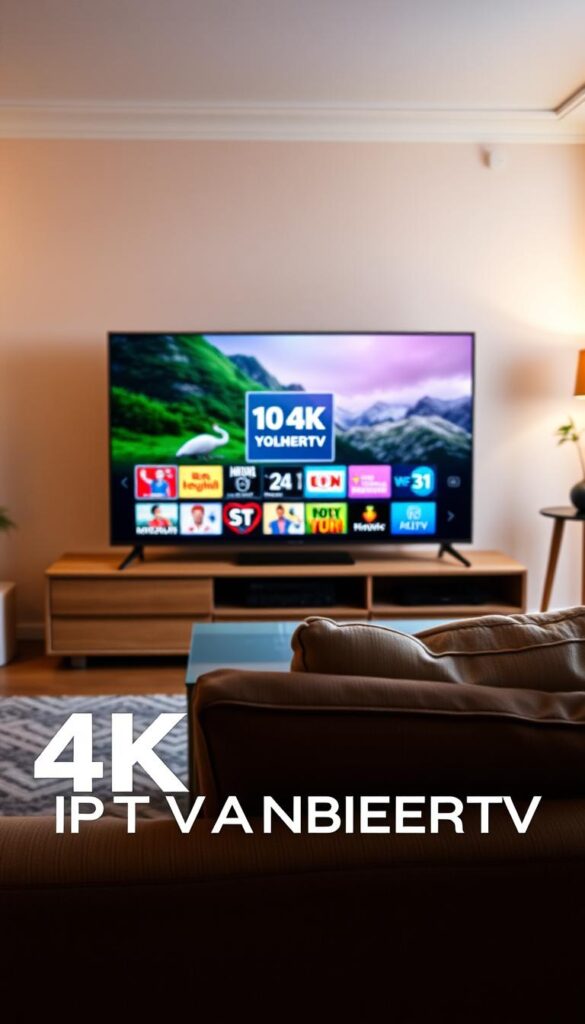 A high-quality 4K IPTV streaming service displayed on a modern smart TV, showcasing crystal-clear video, vivid colors, and smooth motion. The scene features the IPTVANBIETERTV brand logo prominently in the foreground, with a clean and minimalist user interface in the middle ground. The background depicts a cozy living room setting, with warm lighting and a comfortable sofa, creating an inviting atmosphere for an immersive IPTV viewing experience. The overall composition emphasizes the technical capabilities and user-friendly nature of the IPTV service, catering to the needs of discerning viewers in Deutschland.