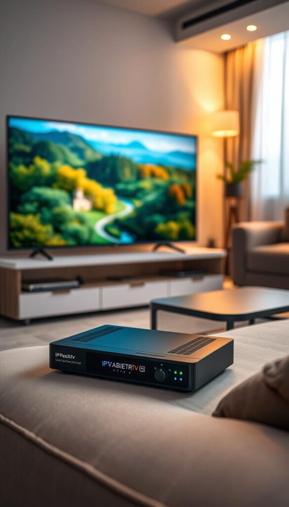 A high-quality 4K IPTV streaming setup, showcasing the IPTVANBIETERTV brand. A sleek, modern TV display dominates the foreground, its screen filled with a vibrant, ultra-high-definition nature scene. In the middle ground, a state-of-the-art IPTV receiver sits elegantly, its minimalist design complementing the TV. The background features a cozy, dimly lit living room, hinting at the immersive viewing experience. Soft, warm lighting illuminates the scene, creating a sense of comfort and luxury. The overall composition conveys the exceptional quality and performance of the IPTVANBIETERTV IPTV solution, catering to discerning viewers seeking the best streaming experience.