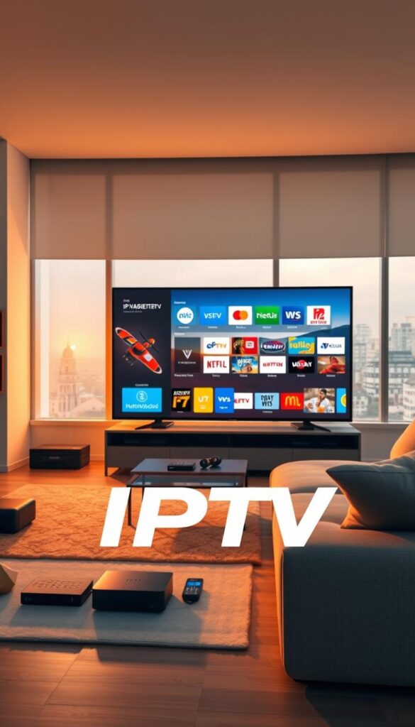 A high-quality 4K digital illustration showcasing the IPTV Streaming Deutschland experience. The scene depicts a modern living room with a large, sleek OLED television displaying a vibrant, crystal-clear image of various German TV channels. In the foreground, the IPTVANBIETERTV brand logo is prominently displayed, reflecting the premium quality of the IPTV service. The room is bathed in warm, soft lighting, creating a cozy and inviting atmosphere. The middle ground features a comfortable sofa and coffee table, with various streaming devices and remote controls nearby, highlighting the convenience of the IPTV setup. The background features a minimalist, contemporary interior design, with large windows overlooking a scenic German cityscape. The overall composition conveys a sense of sophistication, technology, and the joy of accessing a wide range of German television content in the comfort of one's own home.