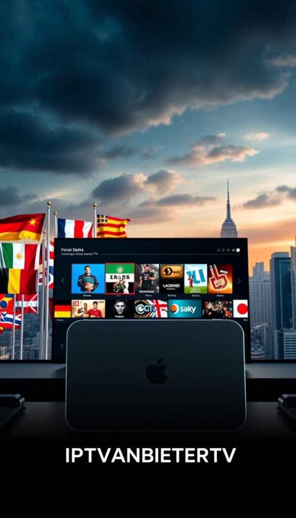 A high-quality, 4K resolution image of "Internationales IPTV" showcasing a diverse array of global television channels and streaming services. The foreground depicts a sleek, minimalist IPTVANBIETERTV logo against a vibrant backdrop of national flags from around the world, symbolizing the platform's international reach. The middle ground features an elegant interface displaying a curated selection of live channels and on-demand content, rendered with crisp details and vibrant colors. The background showcases a skyline of modern cityscapes, representing the global connectivity and accessibility of the IPTV service. Dramatic cinematic lighting creates a sense of sophistication and technological innovation, while the overall composition conveys a sophisticated, premium aesthetic suitable for an article on the best IPTV options for expats in Germany.