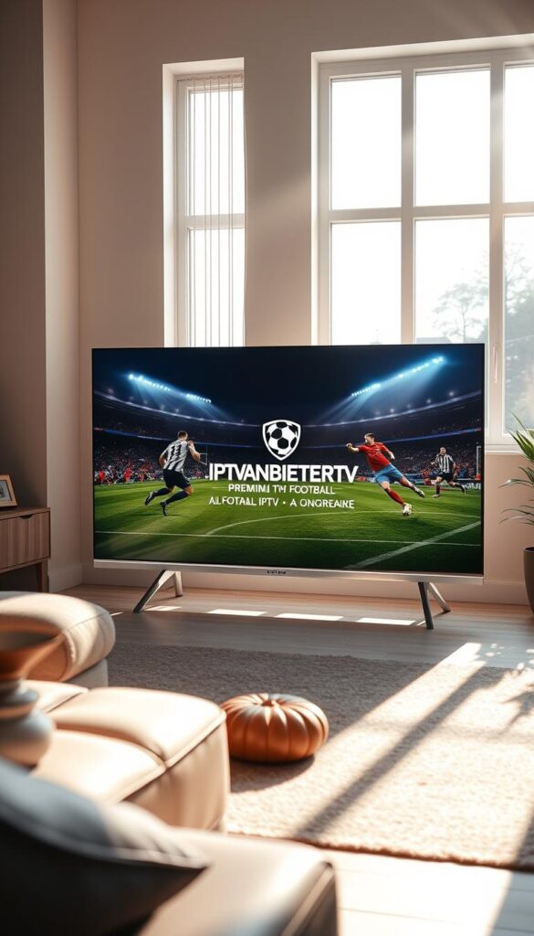 A high-quality, 4K resolution image of a smart TV streaming live football matches on a large, modern OLED display. The TV is situated in a cozy, well-lit living room with minimalist, Scandinavian-inspired decor. Sunlight streams in through large windows, casting a warm, golden glow. The TV screen displays the IPTVANBIETERTV logo prominently, showcasing their premium IPTV service optimized for the best football viewing experience. The room's atmosphere evokes a sense of comfort, relaxation, and immersion in the match, perfect for die-hard football fans.