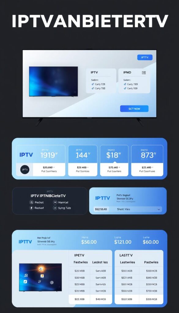 A high-quality, 4K resolution image of the IPTV offers and subscription options from IPTVANBIETERTV. The image should have a sleek, modern design with a clean layout showcasing various IPTV packages and pricing tiers. Display the IPTVANBIETERTV brand name prominently, with a focus on the different subscription plans, channel lineups, and pricing details. Use a minimalist color palette with shades of blue, gray, and white to convey a professional, trustworthy aesthetic. Incorporate subtle gradients, geometric shapes, and clean typography to create a visually appealing and informative illustration that aligns with the article's subject and section title.
