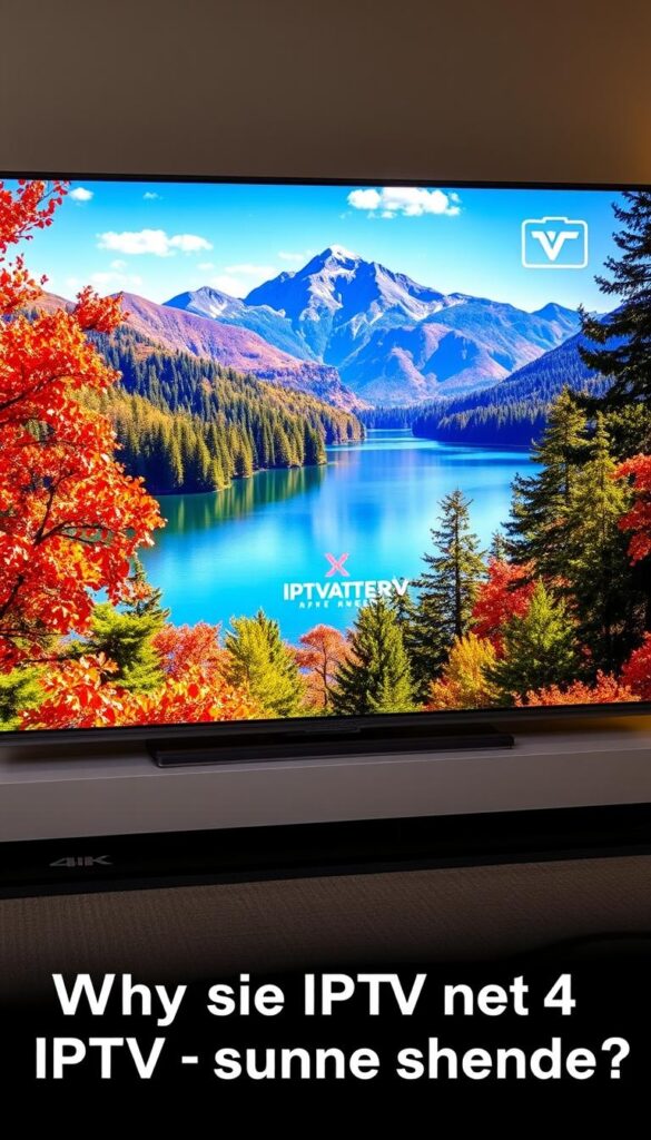 A high-quality 4K television displaying a vivid, crystal-clear IPTV interface featuring the IPTVANBIETERTV brand. The screen showcases a vibrant, lifelike landscape with detailed foliage, a serene lake, and a picturesque mountain range in the distance, all bathed in warm, natural lighting. The interface is sleek and intuitive, highlighting the superior video and audio quality of the IPTV service. The entire scene conveys a sense of immersion and the ultimate viewing experience, perfectly complementing the section title "Warum Sie IPTV mit 4K kaufen sollten".