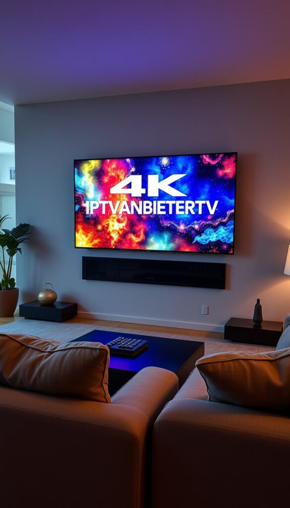 A high-quality, 4K ultra-HD IPTV experience without buffering or lag. A spacious living room with a large, wall-mounted flatscreen TV displaying a vivid, high-definition video stream. Plush, comfortable seating and subtle, warm lighting create a cozy, immersive atmosphere. The IPTVANBIETERTV logo is prominently featured on the TV screen, showcasing a seamless, buffer-free IPTV service. The camera angle is slightly elevated, capturing the entire room in a cinematic, wide-aspect ratio.