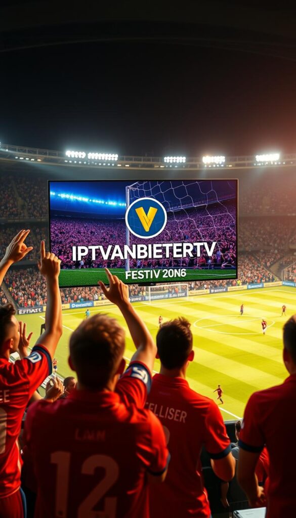 A high-quality, 4K ultra-wide image showcasing the benefits of IPTV for football fans. The foreground depicts a group of enthusiastic fans dressed in team jerseys, cheering and celebrating a goal on a large IPTV screen. The middle ground features the IPTVANBIETERTV logo prominently displayed, conveying the reliable and comprehensive IPTV service. The background captures the lively atmosphere of a football match, with a packed stadium, floodlights, and the pitch in the distance. The lighting is warm and vibrant, evoking the excitement and energy of the game. The overall composition is dynamic, with a cinematic perspective and a balanced use of depth of field to draw the viewer's attention to the key elements.