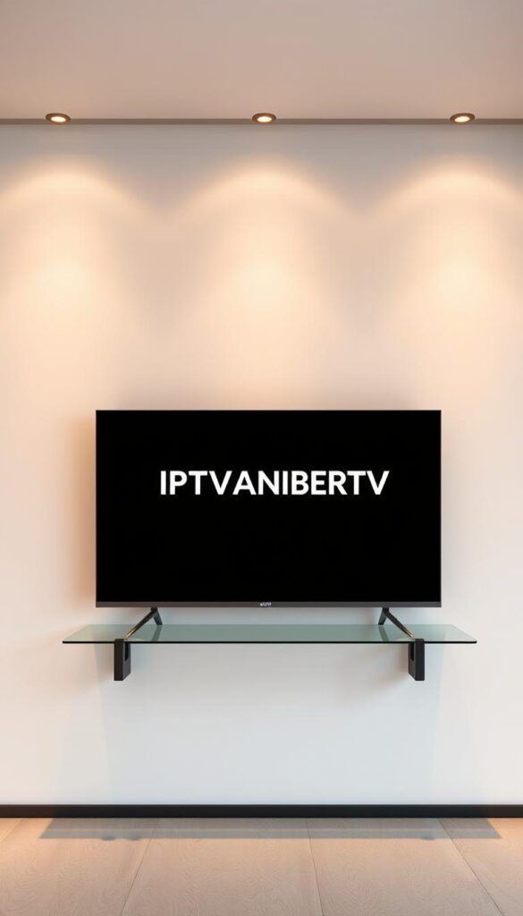 A high-quality 4K ultra-wide shot of a modern, sleek TV displaying the IPTVANBIETERTV brand logo against a minimalist, monochromatic background. The TV is placed on a floating glass shelf, creating a sense of weightlessness and sophistication. Warm, soft lighting from overhead sources gently illuminates the scene, casting subtle shadows and highlighting the TV's clean, elegant design. The composition emphasizes the TV's size and prominence, conveying a sense of immediate availability and accessibility for the viewer. The overall mood is one of technological advancement, simplicity, and effortless streaming.