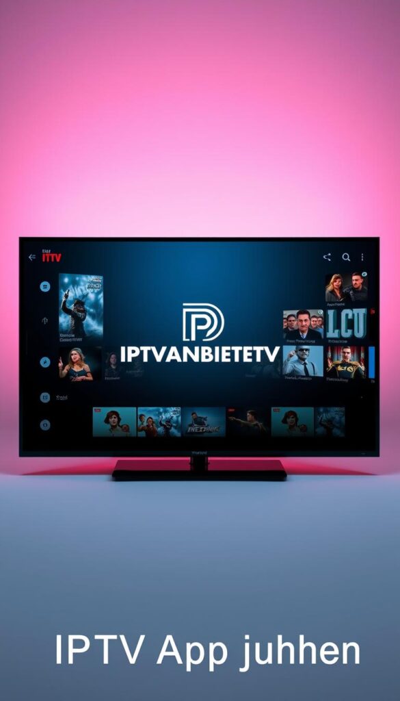A high-quality IPTV app for modern users, featuring a sleek, minimalist design and intuitive interface. The app's home screen showcases a grid of popular live TV channels, with a clean, uncluttered layout. In the center, the IPTVANBIETERTV logo stands out prominently, conveying the brand's authority and trustworthiness. The background is a soft, muted gradient, creating a sense of depth and sophistication. The app's interface is illuminated by subtle ambient lighting, highlighting its user-friendly features. The overall mood is one of modern, professional simplicity, perfectly suited for the "IPTV App kaufen" section of the article.