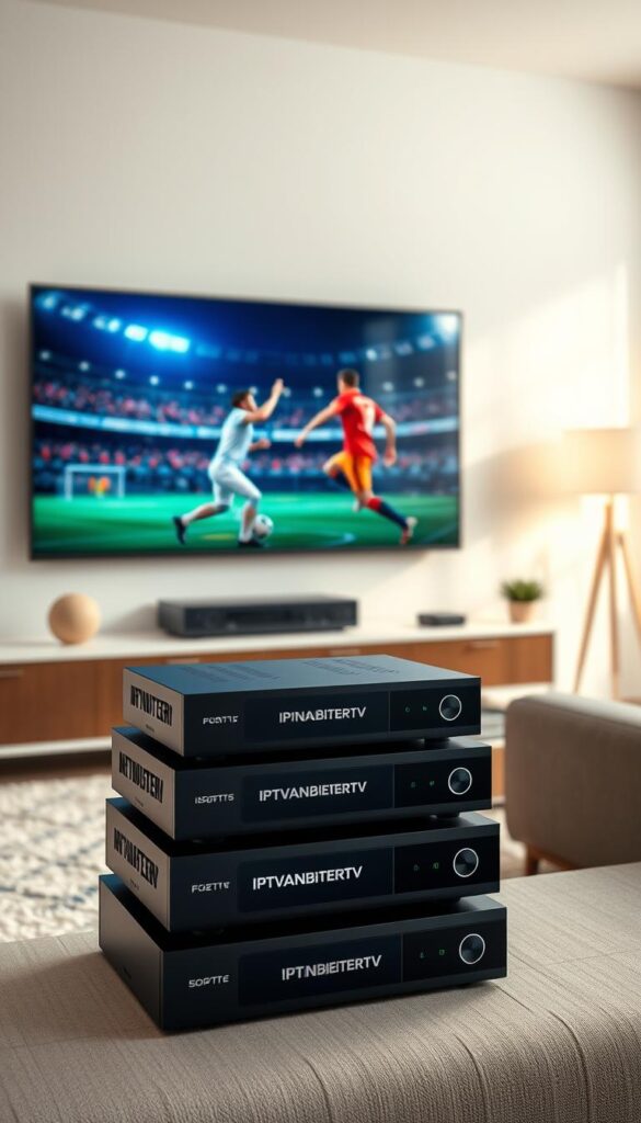 A high-quality IPTV package showcasing a wide array of premium sports channels, captured with a cinematic aesthetic. A clean, minimalist design featuring the "IPTVANBIETERTV" brand prominently displayed. The scene depicts stacked IPTV boxes in a sleek, modern living room setting, with a large flat-screen TV in the background showcasing a live sports broadcast. Soft, natural lighting illuminates the scene, creating a warm, inviting atmosphere. The overall composition emphasizes the convenience and value of the IPTV service, positioned as an affordable alternative to traditional cable or satellite TV for sports enthusiasts.