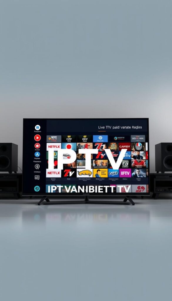 A high-quality IPTV package with a vast selection of live TV channels, on-demand content, and premium sports broadcasts. Showcased against a sleek, modern interface with a focus on intuitive navigation and seamless playback. The IPTVANBIETERTV logo prominently displayed, conveying a sense of professionalism and reliability. The composition features a crisp, well-lit foreground with the IPTV package taking center stage, complemented by a softly blurred background that suggests a high-end media setup. The overall tone is one of sophistication, functionality, and entertainment, highlighting the comprehensive nature of the IPTV offering.
