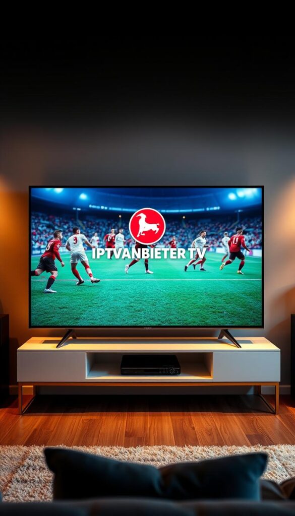 A high-quality IPTV platform displaying the Bundesliga soccer league matches, showcasing the diverse competitions and teams. The scene depicts a modern living room setup, with a sleek, minimalist TV stand holding an elegant flat-screen TV. The IPTVANBIETERTV logo prominently featured on the TV screen, conveying the premium IPTV service. The room is illuminated by warm, ambient lighting, creating a cozy and immersive atmosphere. The overall composition emphasizes the seamless integration of technology and entertainment, enticing the viewer to experience the thrill of the Bundesliga matches through the IPTVANBIETERTV platform.