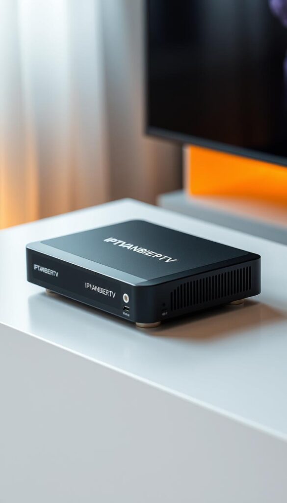 A high-quality IPTV receiver with a sleek, modern design, showcasing the IPTVANBIETERTV brand prominently. The device sits atop a clean, minimalist surface, allowing its crisp lines and subtle accents to take center stage. Subtle ambient lighting casts a warm glow, highlighting the receiver's premium construction and attention to detail. The angle showcases the device's connectivity options and overall functionality, conveying its versatility and compatibility with a variety of setups. The background is softly blurred, keeping the focus on the IPTV receiver as the primary subject.