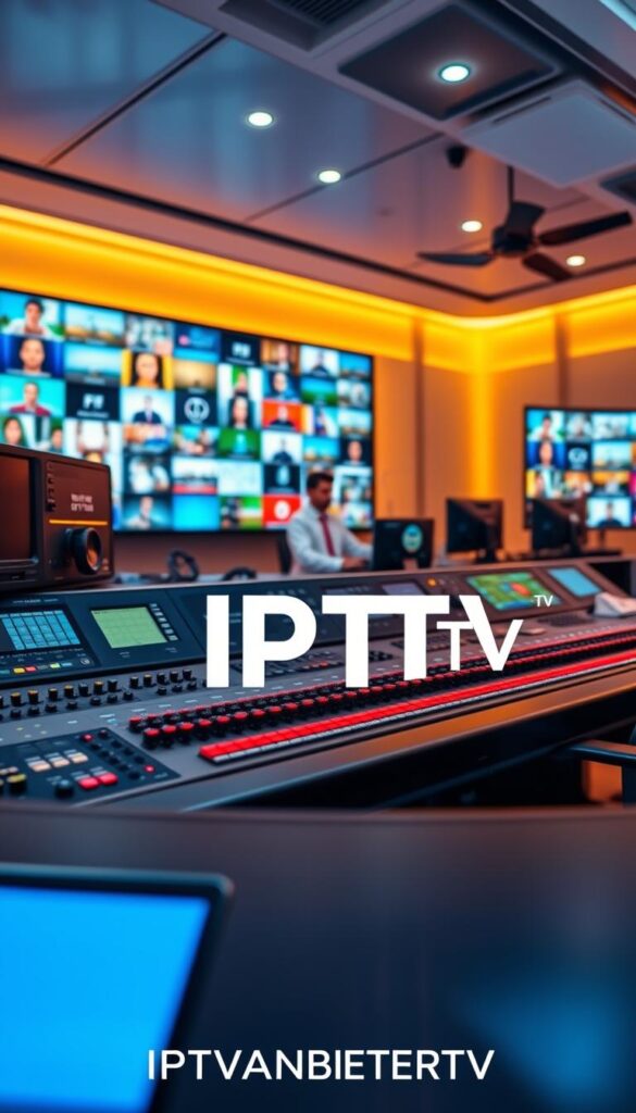 A high-quality IPTV sender operating in a sleek, modern studio. The scene depicts a professional-grade control panel with rows of buttons, dials, and displays, all bathed in a warm, diffused lighting. In the foreground, the IPTVANBIETERTV logo is prominently featured, conveying the brand's authority and expertise. The middle ground showcases a technician diligently monitoring the equipment, ensuring smooth, reliable content delivery. In the background, a large video wall displays a diverse array of television channels, hinting at the extensive IPTV offering. The overall atmosphere is one of technical precision, cutting-edge technology, and a commitment to providing the best IPTV experience.