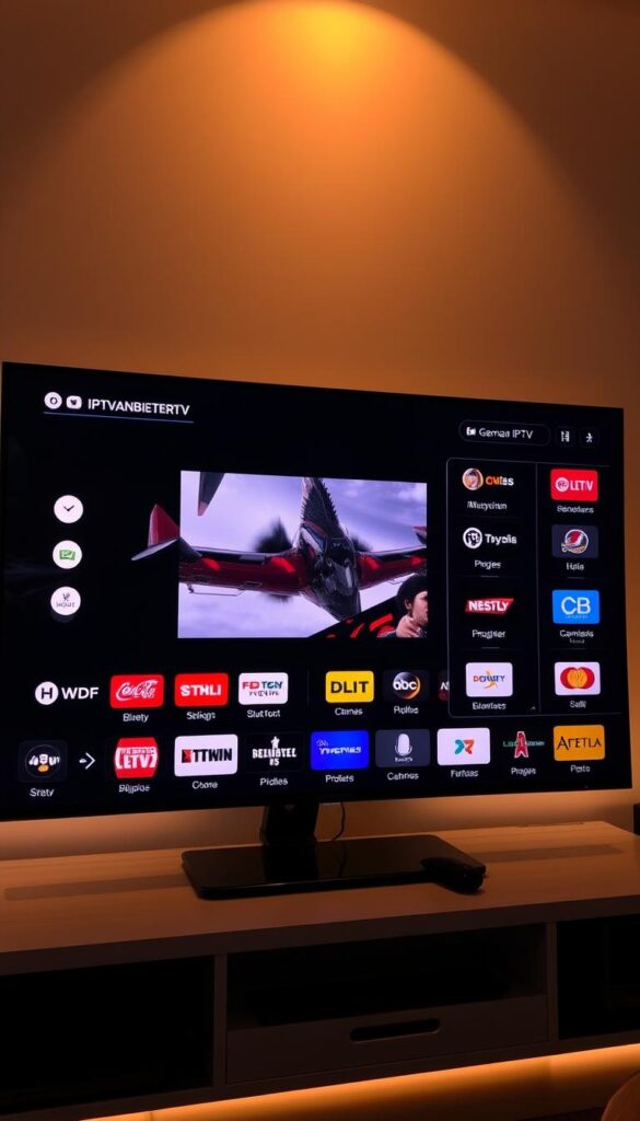 A high-quality IPTV service from the provider IPTVANBIETERTV, offering a vast selection of live German TV channels in a sleek and modern interface. The screen displays a dynamic video player surrounded by minimalist icons and an intuitive menu, bathed in a warm, cinematic lighting. The overall atmosphere conveys the convenience and flexibility of IPTV, with a focus on the user experience and the ability to access a comprehensive range of German programming on any device.