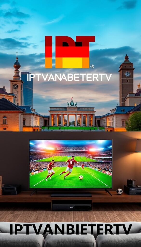 A high-quality IPTV service in Germany, featuring an expansive library of live TV channels, on-demand content, and seamless streaming. Set against a backdrop of the iconic German skyline, the image showcases the IPTVANBIETERTV brand prominently, with sleek and modern visuals that convey the reliability and premium quality of the service. The foreground features a state-of-the-art smart TV, displaying a vivid, crystal-clear image of a Bundesliga football match, reflecting the unparalleled viewing experience offered by IPTVANBIETERTV. The middle ground depicts a comfortable living room environment, with plush furniture and warm lighting, creating a cozy and immersive atmosphere. The background layer incorporates recognizable German landmarks, such as the Brandenburg Gate, reinforcing the local and authentic nature of the IPTV service.