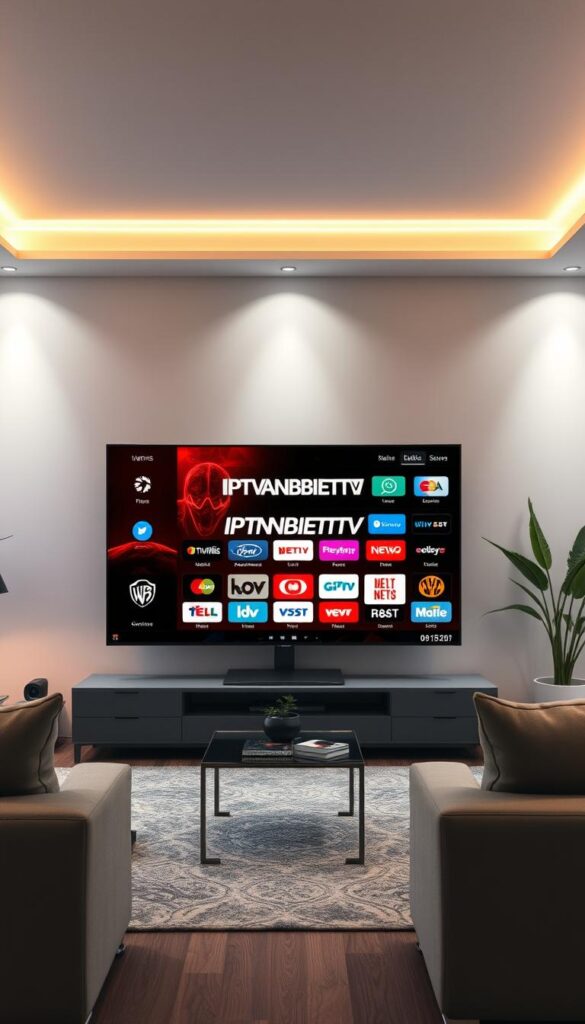 A high-quality IPTV service offered by IPTVANBIETERTV, featuring a comprehensive selection of live TV channels, on-demand content, and reliable performance. The user interface is sleek and intuitive, designed to provide a seamless viewing experience across multiple devices. The service is optimized for German users, offering a vast library of local and international channels, catering to diverse entertainment preferences. The scene depicts a modern living room setup, with a large flatscreen TV displaying the IPTVANBIETERTV logo and interface, surrounded by comfortable seating and ambient lighting. The overall atmosphere conveys a sense of premium quality, accessibility, and the convenience of a leading IPTV provider in Germany.