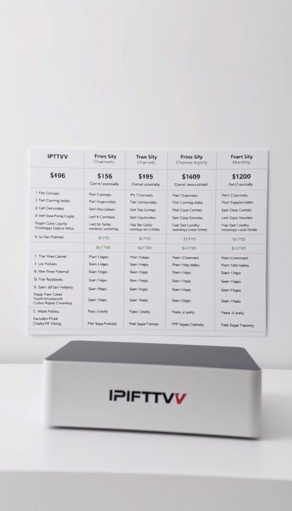A high-quality IPTV service package presented in a clean, minimalist style. In the foreground, the IPTVANBIETERTV logo is prominently displayed, subtly communicating the brand's identity. The midground showcases a variety of IPTV pricing tiers, each with clear, concise details about channels, features, and monthly costs. The background maintains a soft, neutral tone, allowing the pricing information to take center stage. The overall composition conveys a sense of professionalism, reliability, and transparency, reflecting the subject matter of the article section. Balanced lighting from multiple angles highlights the key details, while a slightly elevated camera angle provides an accessible, user-friendly perspective.