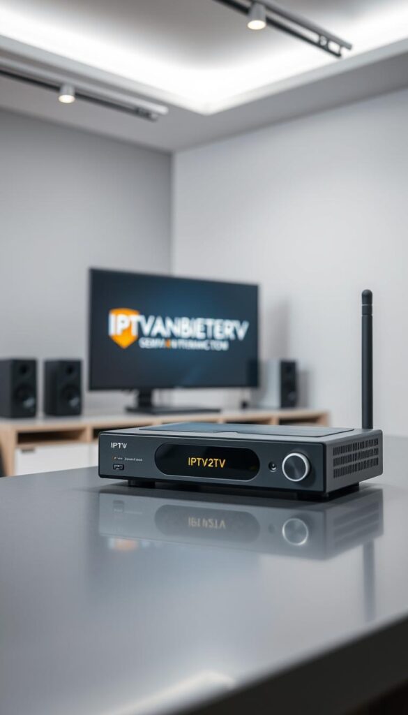 A high-quality IPTV service provider in a modern, minimalist studio setting. The scene features a clean, well-lit workspace with a large, high-resolution monitor displaying the "IPTVANBIETERTV" brand logo. In the foreground, a professional-grade media streaming device sits atop a sleek, metal desk, conveying a sense of cutting-edge technology and reliable performance. The background blends out of focus, creating a shallow depth of field that draws the viewer's attention to the central elements. The overall mood is one of sophistication, efficiency, and the promise of a seamless, high-quality IPTV experience.