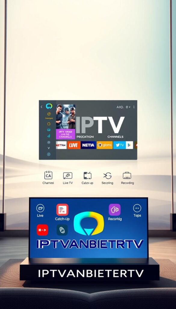 A high-quality IPTV service with a sleek and modern user interface, showcasing a wide array of premium channels, on-demand content, and advanced features. The foreground depicts the IPTVANBIETERTV brand logo, designed with a minimalist aesthetic and vibrant colors. The middle ground presents various icons and visual cues representing the key functionalities, such as live TV, catch-up, and recording capabilities. The background features a clean, futuristic landscape with subtle geometric patterns, conveying a sense of technological sophistication. The lighting is soft and diffused, creating a warm and inviting atmosphere. The overall composition is balanced and visually striking, highlighting the versatility and reliability of the IPTV service.