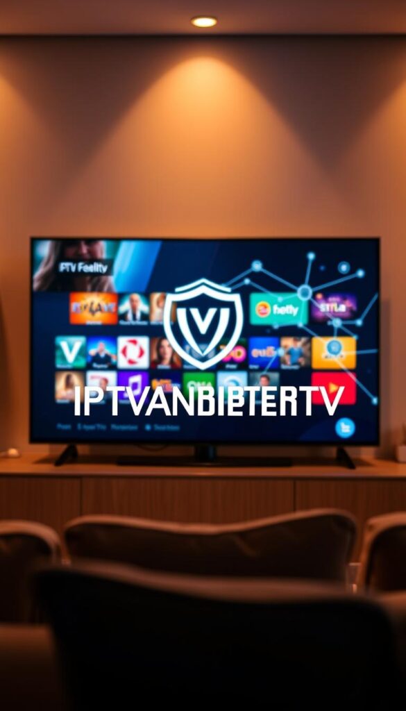 A high-quality IPTV service with a sleek virtual private network (VPN) interface. In the foreground, a modern smart TV displaying a vibrant, diverse channel selection. The middle ground showcases the IPTVANBIETERTV brand logo, rendered in a bold, minimalist style. In the background, a subtle network diagram visualizes the secure VPN connection, with flowing data streams and geometric patterns. The scene is illuminated by warm, soft lighting, creating a welcoming and technologically advanced atmosphere. The overall composition conveys the seamless integration of IPTV and VPN, offering a comprehensive and reliable media viewing experience.